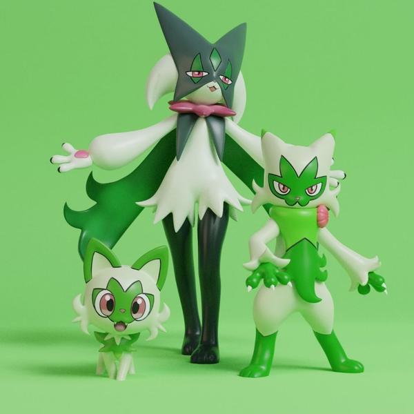 Decoração 3D Geek Figure Boneco Sprigatito Evoluções Floragato Meowscarada - Pokémon