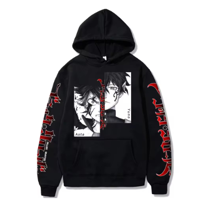 Blusa Moletom Canguru Unissex Black Clover Asta e Yuno Trevo.